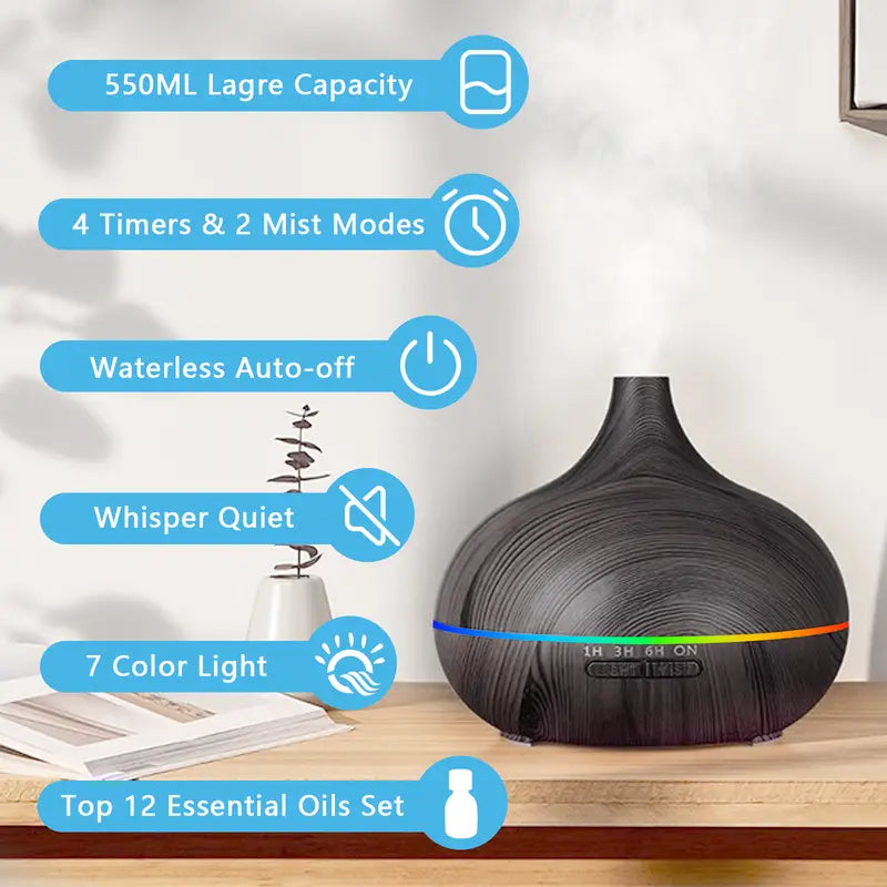 Diffuser for Home, 550ML Large Capacity Diffuser, Essential Oil Diffuser with 12 Bottles of Essential Oils, Aroma Diffuser with Remote Control for Hotel Spa Yoga Room - Humidifier with 7Colors LED Night Light for Bedroom Home Relaxation