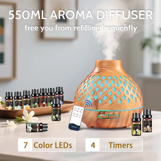 Diffuser for Home, 550ML Large Capacity Diffuser, Essential Oil Diffuser with 12 Bottles of Essential Oils, Aroma Diffuser with Remote Control for Hotel Spa Yoga Room - Humidifier with 7Colors LED Night Light for Bedroom Home Relaxation