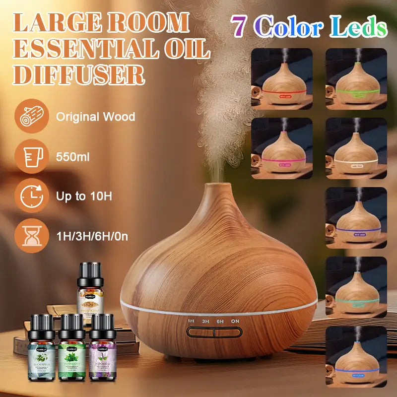 Diffuser for Home, 550ML Large Capacity Diffuser, Essential Oil Diffuser with 12 Bottles of Essential Oils, Aroma Diffuser with Remote Control for Hotel Spa Yoga Room - Humidifier with 7Colors LED Night Light for Bedroom Home Relaxation